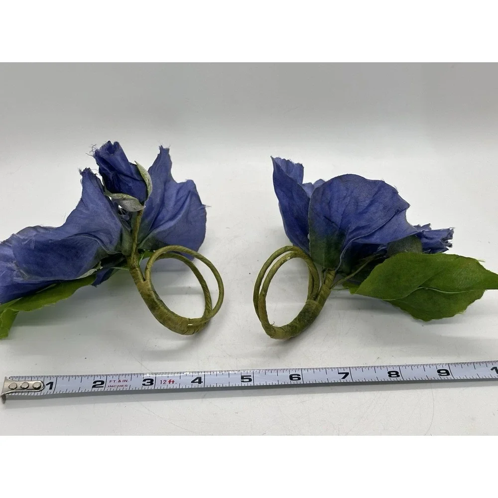 Pair Large Blue Floral Napkin Rings Spring Garden Wedding Table Decor